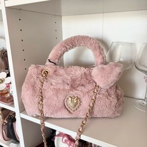 Juicy Couture “Love Furry Friends” Blush Faux Fur Satchel with Gold Chain